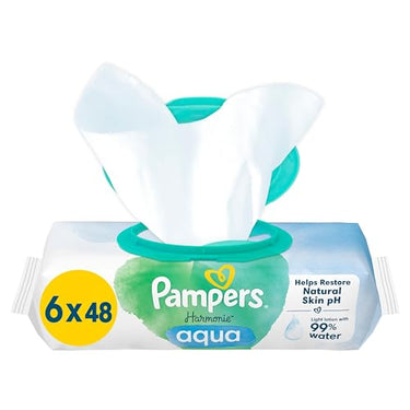 Pampers Harmonie Aqua Wet Wipes 6 packs of 48 wipes each, 288 wipes that help restore the skin's natural pH, light lotion with 99 percent water on sale